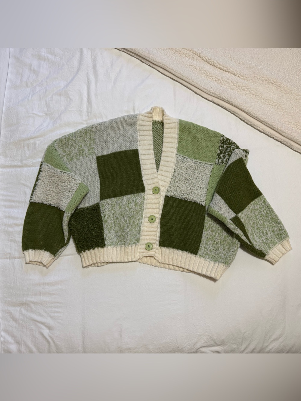 Chunky Green & Cream Patchwork Knit Cardigan Sweater - Picture 2 of 2
